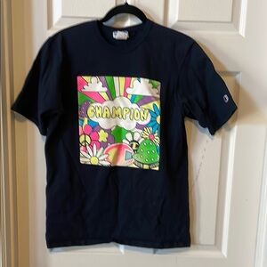 Champion tshirt, vintage 100% cotton, blue with a neon colored design